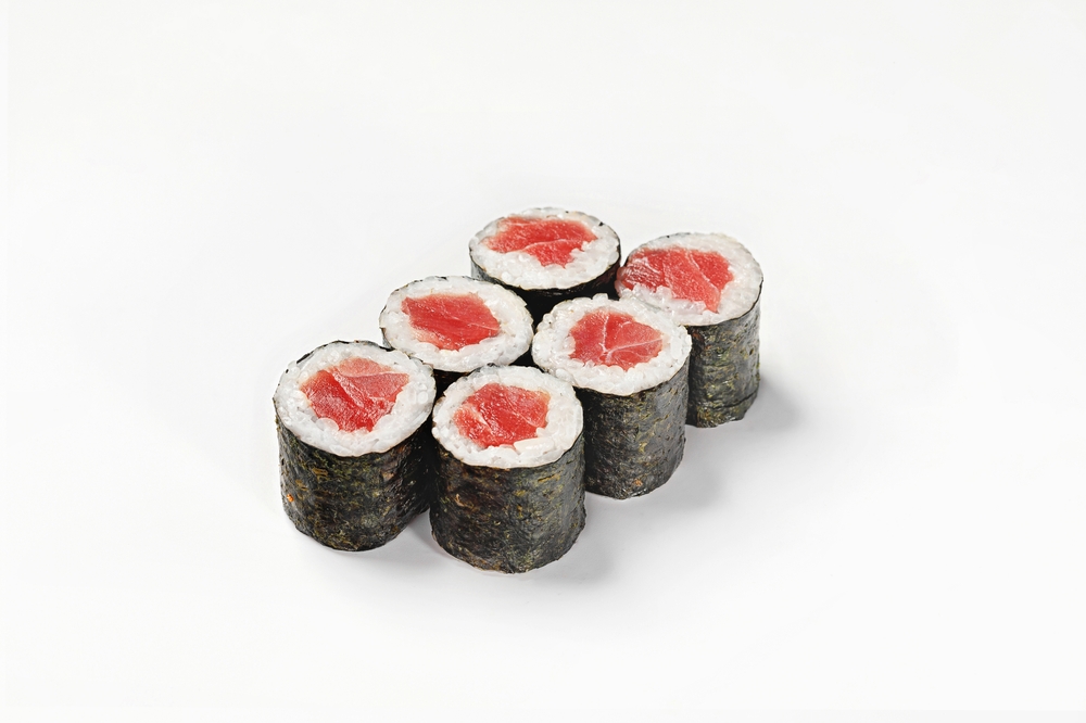 Traditional,Japanese,Maki,Rolls,With,Tuna,On,A,White,Background.